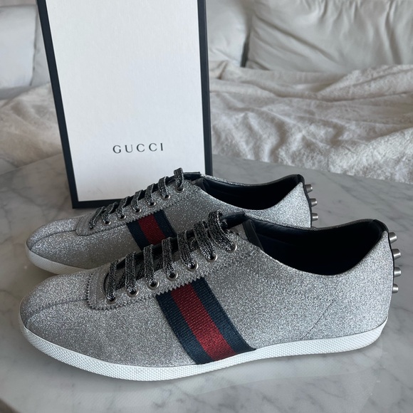 Gucci Glitter Silver Sneakers “Bambi” with Red and Blue Stripe - Picture 3 of 7